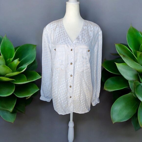 Vtg Gianna Button Up Blouse Long Sleeve White Polka Dot White with Pockets 12 - Picture 3 of 7
